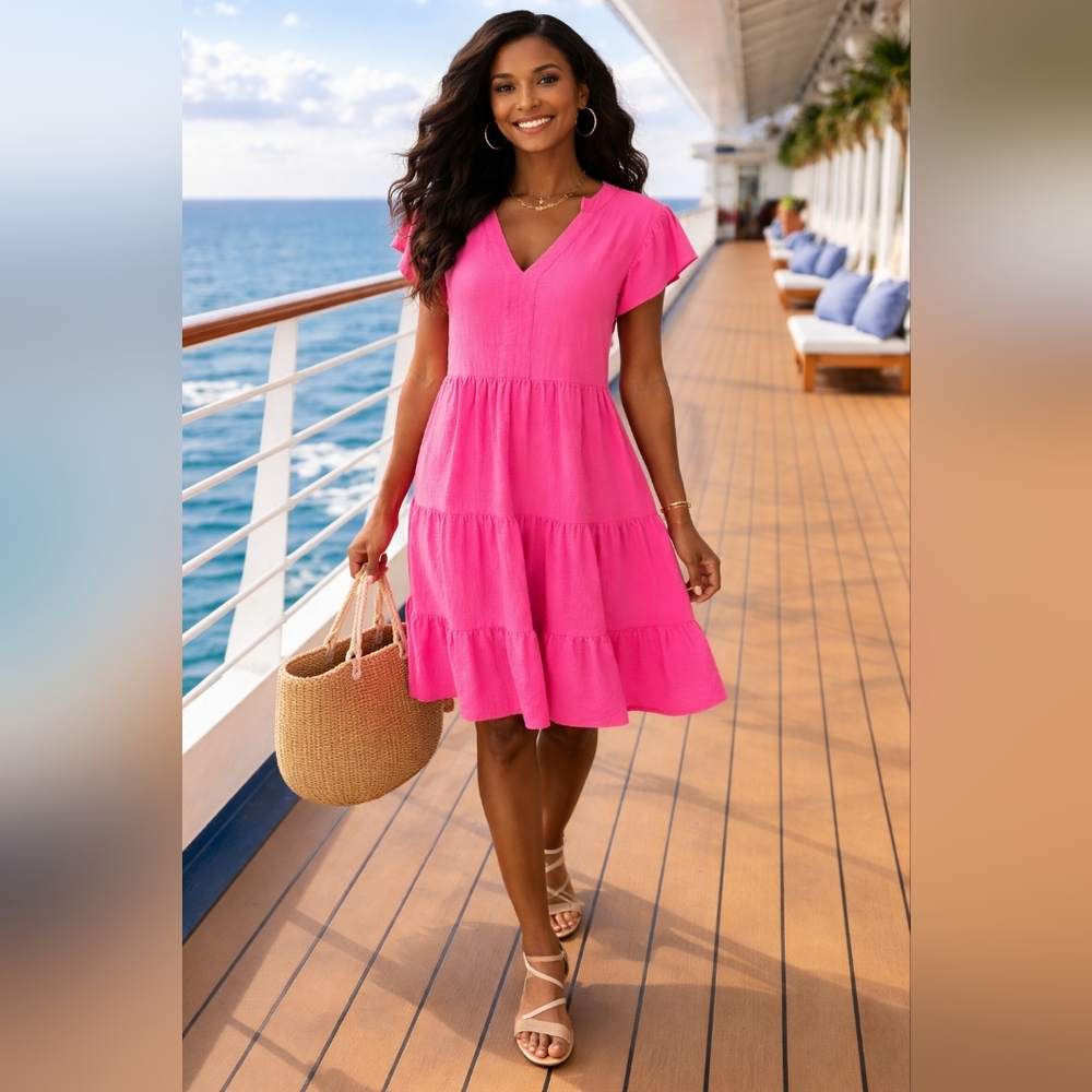 Pink V-Neck Tiered Dress
